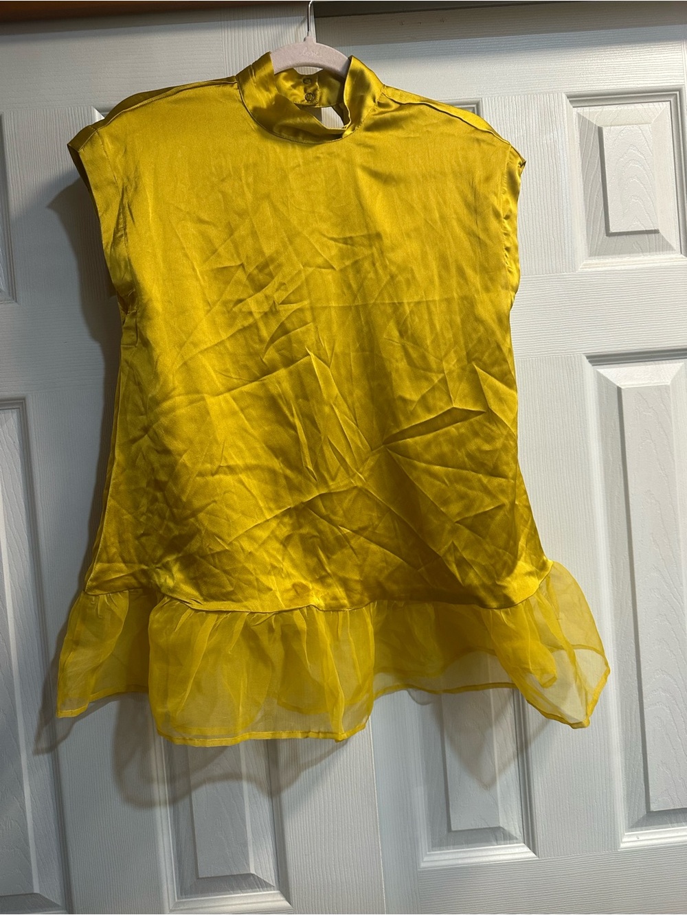 Anthropologie Satin Mock-Neck Ruffle-Hem Blouse in Bright Yellow